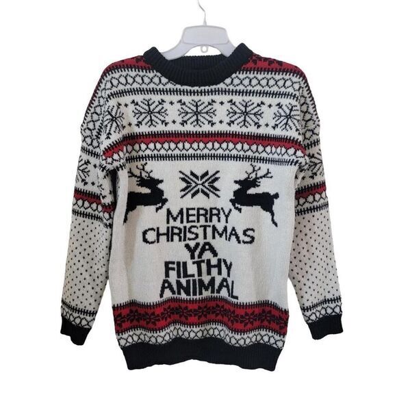 V28 "Merry Christmas Ya Filthy Animal" Crewneck‎ Sweater Sz MED Fair Isle Style - Picture 1 of 8